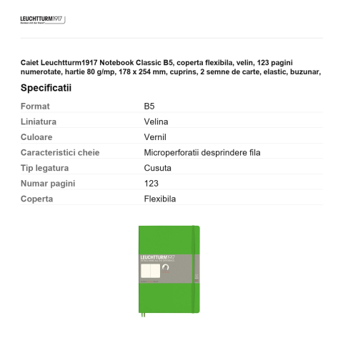 Caiet Leuchtturm1917 Notebook Classic B5, coperta flexibila, velin, 123 pagini numerotate, hartie 80 g/mp, 178 x 254 mm, cuprins, 2 semne de carte, elastic, buzunar, vernil [2]