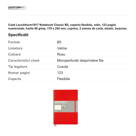 Caiet Leuchtturm1917 Notebook Classic B5, coperta flexibila, velin, 123 pagini numerotate, hartie 80 g/mp, 178 x 254 mm, cuprins, 2 semne de carte, elastic, buzunar, rosu [2]
