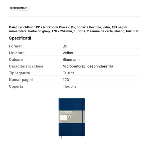 Caiet Leuchtturm1917 Notebook Classic B5, coperta flexibila, velin, 123 pagini numerotate, hartie 80 g/mp, 178 x 254 mm, cuprins, 2 semne de carte, elastic, buzunar, albastru navy [2]
