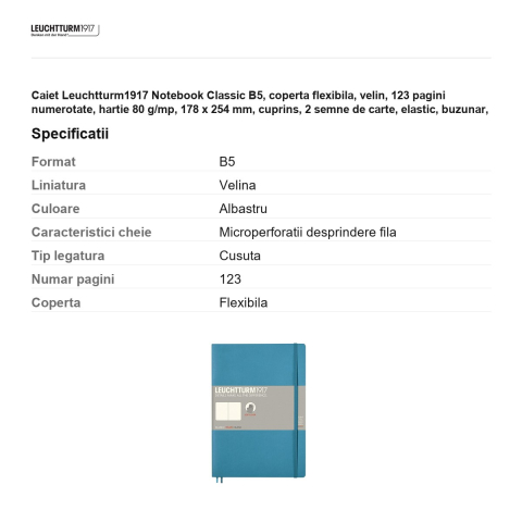 Caiet Leuchtturm1917 Notebook Classic B5, coperta flexibila, velin, 123 pagini numerotate, hartie 80 g/mp, 178 x 254 mm, cuprins, 2 semne de carte, elastic, buzunar, albastru nordic [2]