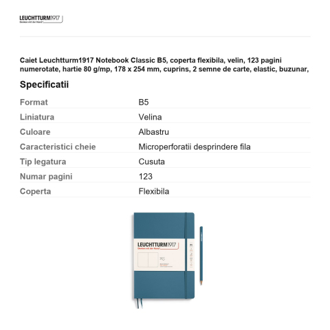 Caiet Leuchtturm1917 Notebook Classic B5, coperta flexibila, velin, 123 pagini numerotate, hartie 80 g/mp, 178 x 254 mm, cuprins, 2 semne de carte, elastic, buzunar, albastru piatra [2]