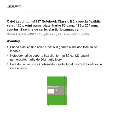 Caiet Leuchtturm1917 Notebook Classic B5, coperta flexibila, velin, 123 pagini numerotate, hartie 80 g/mp, 178 x 254 mm, cuprins, 2 semne de carte, elastic, buzunar, vernil [1]