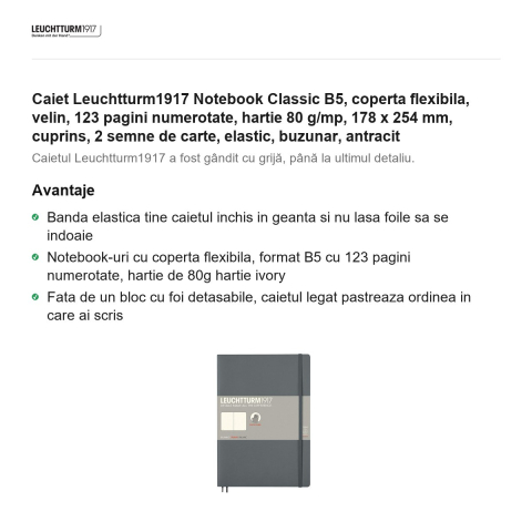 Caiet Leuchtturm1917 Notebook Classic B5, coperta flexibila, velin, 123 pagini numerotate, hartie 80 g/mp, 178 x 254 mm, cuprins, 2 semne de carte, elastic, buzunar, antracit [1]