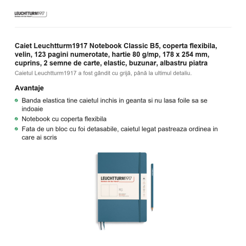 Caiet Leuchtturm1917 Notebook Classic B5, coperta flexibila, velin, 123 pagini numerotate, hartie 80 g/mp, 178 x 254 mm, cuprins, 2 semne de carte, elastic, buzunar, albastru piatra [1]