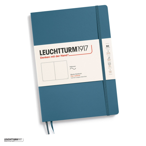 Caiet Leuchtturm1917 Notebook Classic B5, coperta flexibila, velin, 123 pagini numerotate, hartie 80 g/mp, 178 x 254 mm, cuprins, 2 semne de carte, elastic, buzunar, albastru piatra [0]