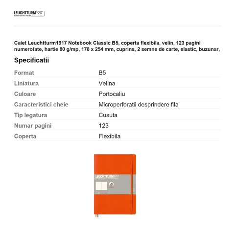 Caiet Leuchtturm1917 Notebook Classic B5, coperta flexibila, velin, 123 pagini numerotate, hartie 80 g/mp, 178 x 254 mm, cuprins, 2 semne de carte, elastic, buzunar, portocaliu [2]