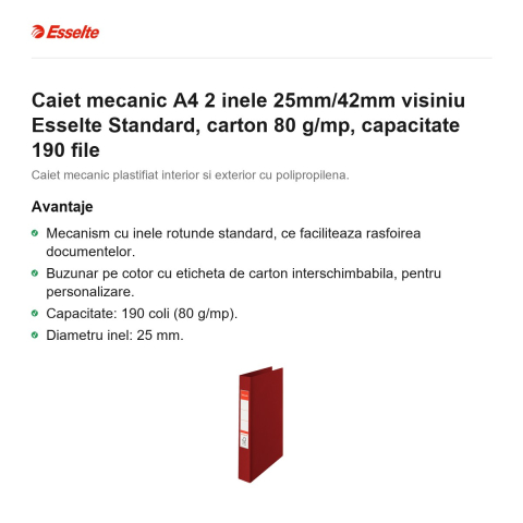 Caiet mecanic A4 2 inele 25mm/42mm visiniu Esselte Standard, carton 80 g/mp, capacitate 190 file [1]