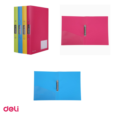 Caiet mecanic Deli A4, 2 inele, 25/30 mm, coperta flexibila buzunar culori neon, asortate [3]
