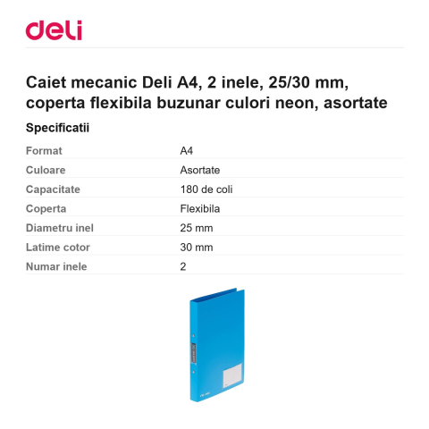 Caiet mecanic Deli A4, 2 inele, 25/30 mm, coperta flexibila buzunar culori neon, asortate [2]