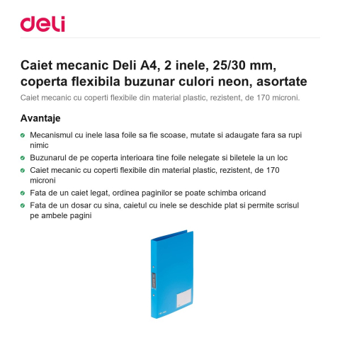 Caiet mecanic Deli A4, 2 inele, 25/30 mm, coperta flexibila buzunar culori neon, asortate [1]