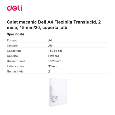Caiet mecanic Deli A4 Flexibila Translucid, 2 inele, 15 mm/20, coperta, alb [2]