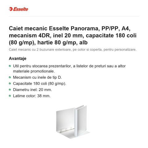 Caiet mecanic Esselte Panorama, PP/PP, A4, mecanism 4DR, inel 20 mm, capacitate 180 coli (80 g/mp), hartie 80 g/mp, alb [1]