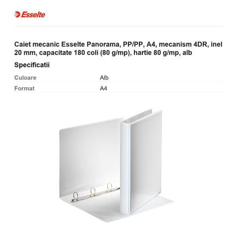 Caiet mecanic Esselte Panorama, PP/PP, A4, mecanism 4DR, inel 20 mm, capacitate 180 coli (80 g/mp), hartie 80 g/mp, alb [2]