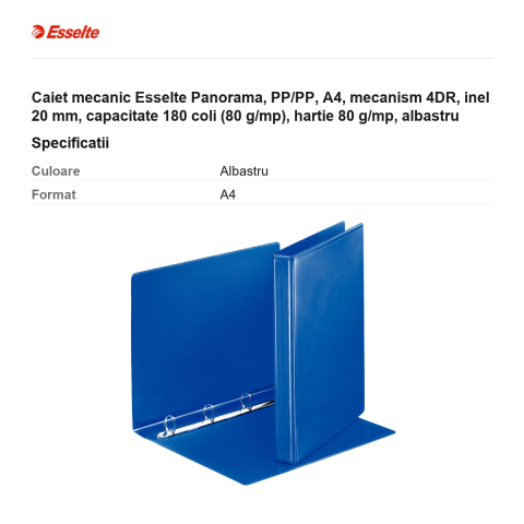 Caiet mecanic Esselte Panorama, PP/PP, A4, mecanism 4DR, inel 20 mm, capacitate 180 coli (80 g/mp), hartie 80 g/mp, albastru [2]