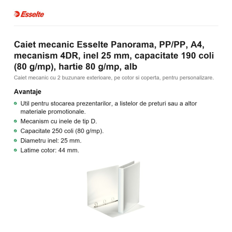 Caiet mecanic Esselte Panorama, PP/PP, A4, mecanism 4DR, inel 25 mm, capacitate 190 coli (80 g/mp), hartie 80 g/mp, alb [1]