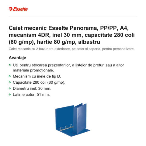Caiet mecanic Esselte Panorama, PP/PP, A4, mecanism 4DR, inel 30 mm, capacitate 280 coli (80 g/mp), hartie 80 g/mp, albastru [1]