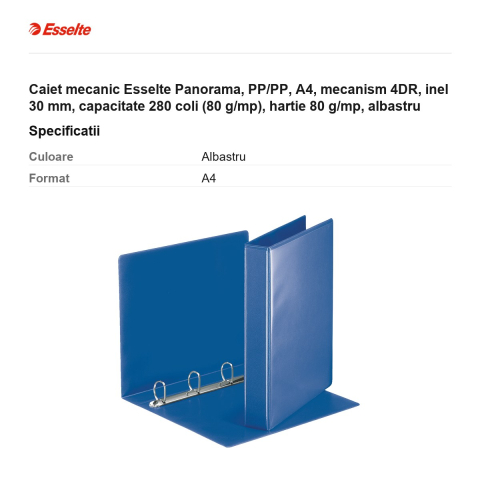 Caiet mecanic Esselte Panorama, PP/PP, A4, mecanism 4DR, inel 30 mm, capacitate 280 coli (80 g/mp), hartie 80 g/mp, albastru [2]
