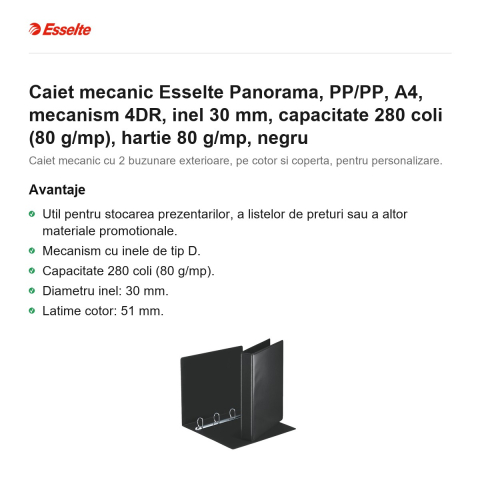 Caiet mecanic Esselte Panorama, PP/PP, A4, mecanism 4DR, inel 30 mm, capacitate 280 coli (80 g/mp), hartie 80 g/mp, negru [1]