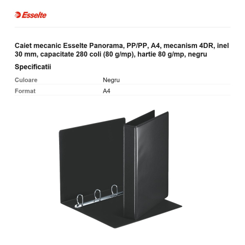 Caiet mecanic Esselte Panorama, PP/PP, A4, mecanism 4DR, inel 30 mm, capacitate 280 coli (80 g/mp), hartie 80 g/mp, negru [2]