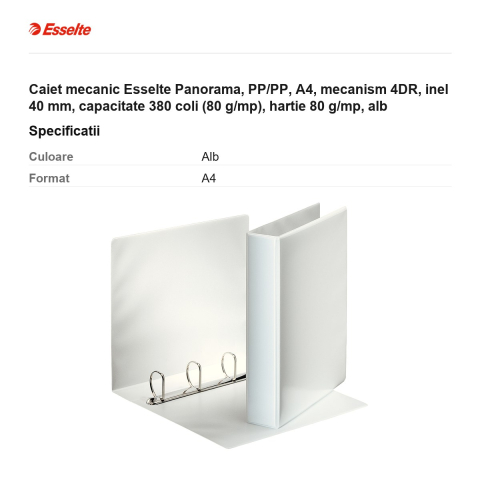 Caiet mecanic Esselte Panorama, PP/PP, A4, mecanism 4DR, inel 40 mm, capacitate 380 coli (80 g/mp), hartie 80 g/mp, alb [2]