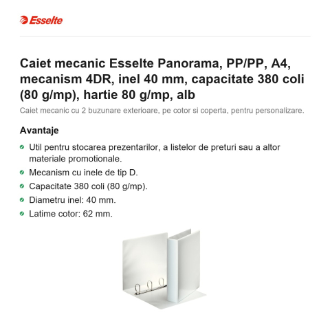 Caiet mecanic Esselte Panorama, PP/PP, A4, mecanism 4DR, inel 40 mm, capacitate 380 coli (80 g/mp), hartie 80 g/mp, alb [1]