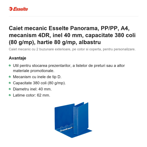 Caiet mecanic Esselte Panorama, PP/PP, A4, mecanism 4DR, inel 40 mm, capacitate 380 coli (80 g/mp), hartie 80 g/mp, albastru [1]