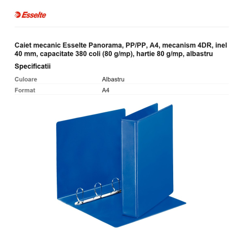 Caiet mecanic Esselte Panorama, PP/PP, A4, mecanism 4DR, inel 40 mm, capacitate 380 coli (80 g/mp), hartie 80 g/mp, albastru [2]