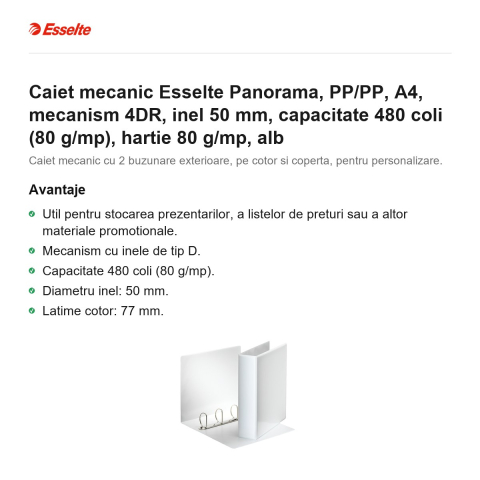 Caiet mecanic Esselte Panorama, PP/PP, A4, mecanism 4DR, inel 50 mm, capacitate 480 coli (80 g/mp), hartie 80 g/mp, alb [1]