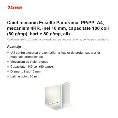 Caiet mecanic Esselte Panorama, PP/PP, A4, mecanism 4RR, inel 16 mm, capacitate 100 coli (80 g/mp), hartie 80 g/mp, alb [1]
