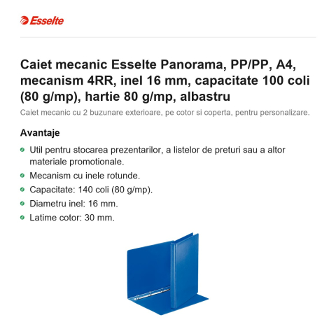 Caiet mecanic Esselte Panorama, PP/PP, A4, mecanism 4RR, inel 16 mm, capacitate 100 coli (80 g/mp), hartie 80 g/mp, albastru [1]