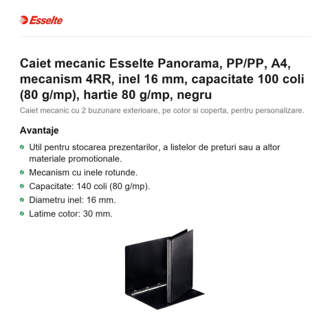 Caiet mecanic Esselte Panorama, PP/PP, A4, mecanism 4RR, inel 16 mm, capacitate 100 coli (80 g/mp), hartie 80 g/mp, negru [1]