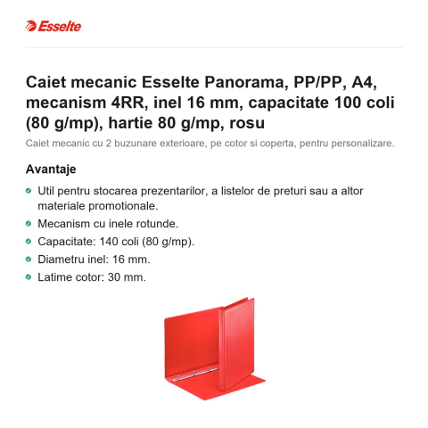 Caiet mecanic Esselte Panorama, PP/PP, A4, mecanism 4RR, inel 16 mm, capacitate 100 coli (80 g/mp), hartie 80 g/mp, rosu [1]