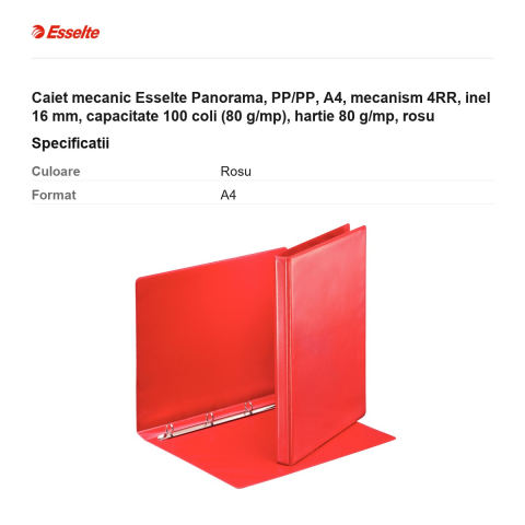 Caiet mecanic Esselte Panorama, PP/PP, A4, mecanism 4RR, inel 16 mm, capacitate 100 coli (80 g/mp), hartie 80 g/mp, rosu [2]