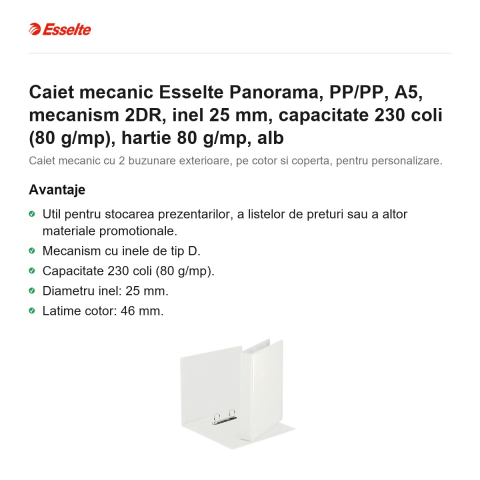Caiet mecanic Esselte Panorama, PP/PP, A5, mecanism 2DR, inel 25 mm, capacitate 230 coli (80 g/mp), hartie 80 g/mp, alb [1]