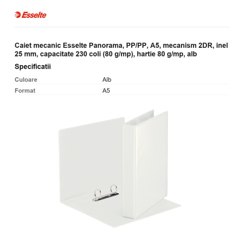 Caiet mecanic Esselte Panorama, PP/PP, A5, mecanism 2DR, inel 25 mm, capacitate 230 coli (80 g/mp), hartie 80 g/mp, alb [2]