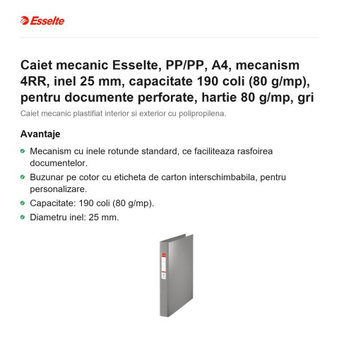 Caiet mecanic Esselte, PP/PP, A4, mecanism 4RR, inel 25 mm, capacitate 190 coli (80 g/mp), pentru documente perforate, hartie 80 g/mp, gri [1]