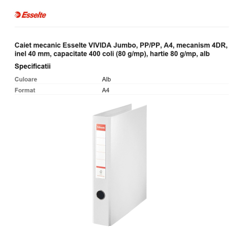 Caiet mecanic Esselte VIVIDA Jumbo, PP/PP, A4, mecanism 4DR, inel 40 mm, capacitate 400 coli (80 g/mp), hartie 80 g/mp, alb [2]
