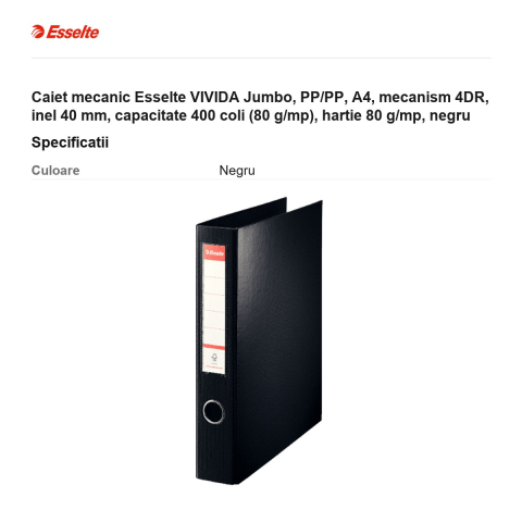 Caiet mecanic Esselte VIVIDA Jumbo, PP/PP, A4, mecanism 4DR, inel 40 mm, capacitate 400 coli (80 g/mp), hartie 80 g/mp, negru [2]