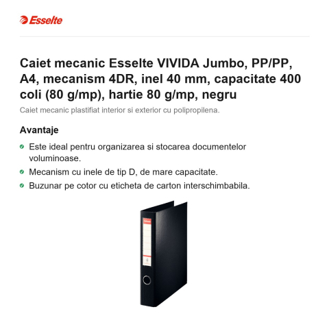 Caiet mecanic Esselte VIVIDA Jumbo, PP/PP, A4, mecanism 4DR, inel 40 mm, capacitate 400 coli (80 g/mp), hartie 80 g/mp, negru [1]