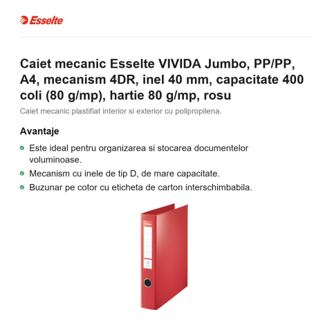 Caiet mecanic Esselte VIVIDA Jumbo, PP/PP, A4, mecanism 4DR, inel 40 mm, capacitate 400 coli (80 g/mp), hartie 80 g/mp, rosu [1]