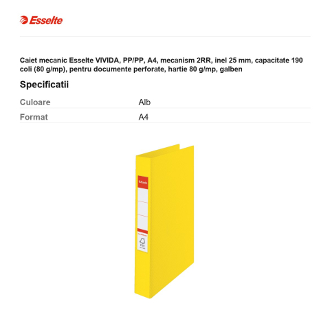 Caiet mecanic Esselte VIVIDA, PP/PP, A4, mecanism 2RR, inel 25 mm, capacitate 190 coli (80 g/mp), pentru documente perforate, hartie 80 g/mp, galben [2]
