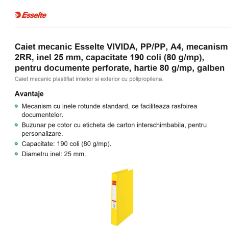 Caiet mecanic Esselte VIVIDA, PP/PP, A4, mecanism 2RR, inel 25 mm, capacitate 190 coli (80 g/mp), pentru documente perforate, hartie 80 g/mp, galben [1]