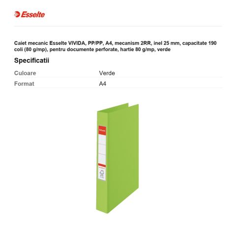 Caiet mecanic Esselte VIVIDA, PP/PP, A4, mecanism 2RR, inel 25 mm, capacitate 190 coli (80 g/mp), pentru documente perforate, hartie 80 g/mp, verde [2]