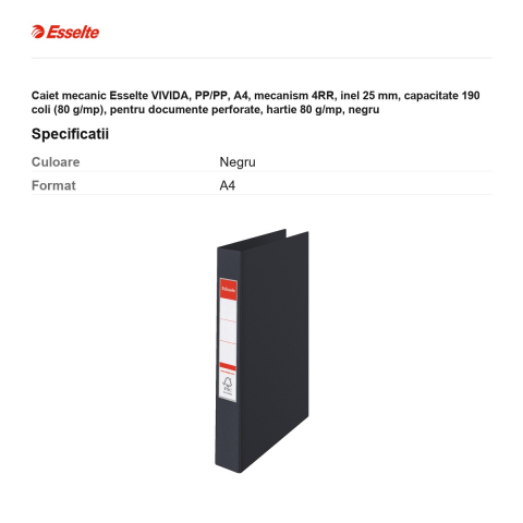 Caiet mecanic Esselte VIVIDA, PP/PP, A4, mecanism 4RR, inel 25 mm, capacitate 190 coli (80 g/mp), pentru documente perforate, hartie 80 g/mp, negru [2]