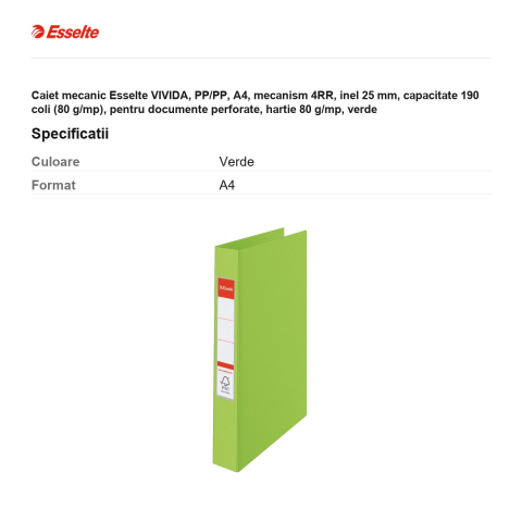 Caiet mecanic Esselte VIVIDA, PP/PP, A4, mecanism 4RR, inel 25 mm, capacitate 190 coli (80 g/mp), pentru documente perforate, hartie 80 g/mp, verde [2]