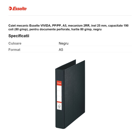 Caiet mecanic Esselte VIVIDA, PP/PP, A5, mecanism 2RR, inel 25 mm, capacitate 190 coli (80 g/mp), pentru documente perforate, hartie 80 g/mp, negru [2]