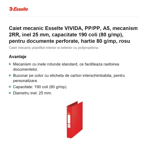 Caiet mecanic Esselte VIVIDA, PP/PP, A5, mecanism 2RR, inel 25 mm, capacitate 190 coli (80 g/mp), pentru documente perforate, hartie 80 g/mp, rosu [1]