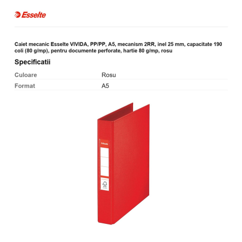 Caiet mecanic Esselte VIVIDA, PP/PP, A5, mecanism 2RR, inel 25 mm, capacitate 190 coli (80 g/mp), pentru documente perforate, hartie 80 g/mp, rosu [2]