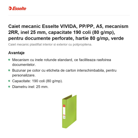 Caiet mecanic Esselte VIVIDA, PP/PP, A5, mecanism 2RR, inel 25 mm, capacitate 190 coli (80 g/mp), pentru documente perforate, hartie 80 g/mp, verde [1]