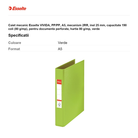 Caiet mecanic Esselte VIVIDA, PP/PP, A5, mecanism 2RR, inel 25 mm, capacitate 190 coli (80 g/mp), pentru documente perforate, hartie 80 g/mp, verde [2]